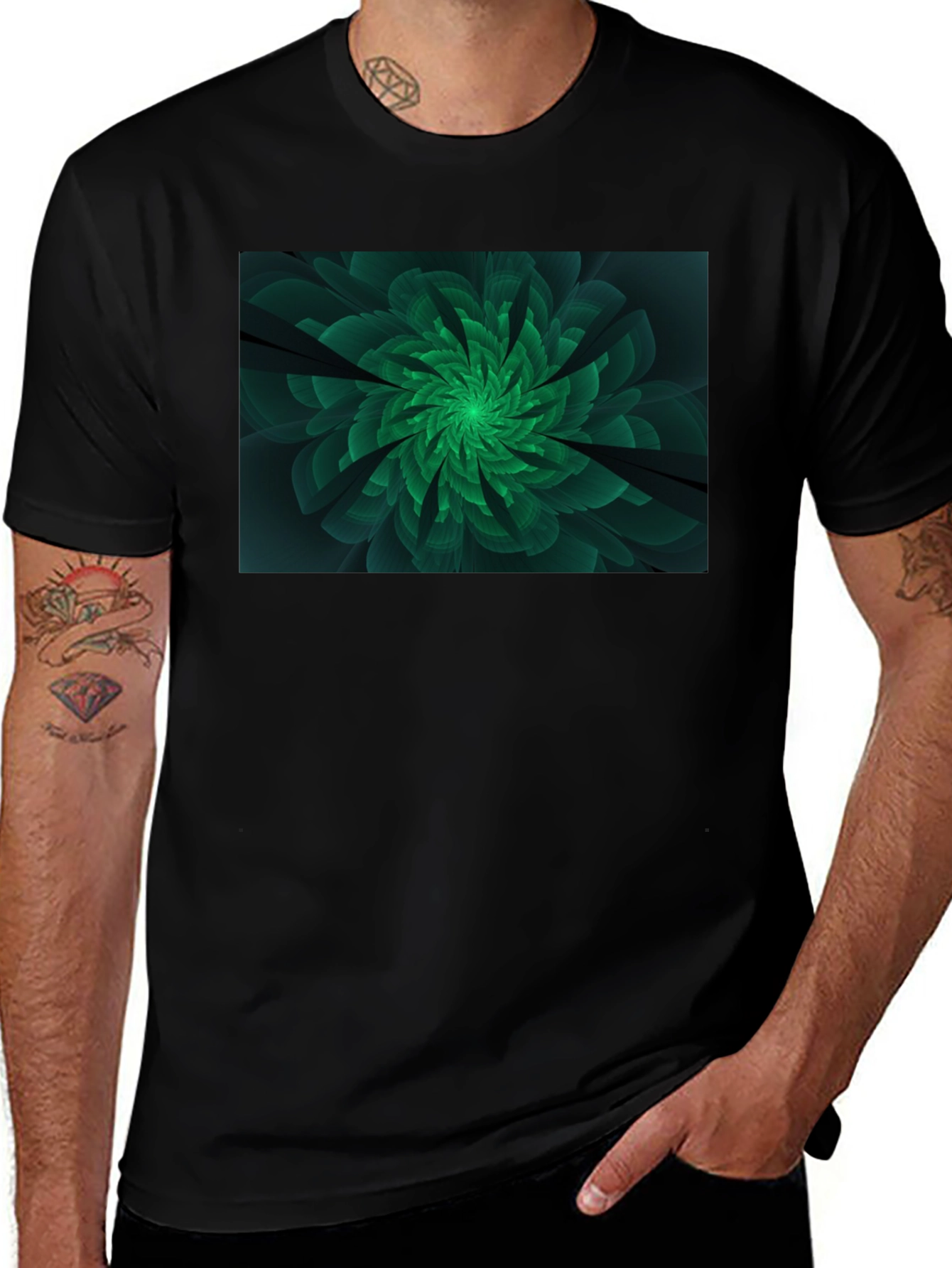 Emerald Bloom Black T-Shirt - Modern Floral Design