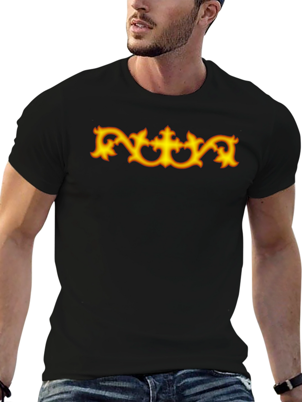 Black T-Shirt with Ornamental Gold Design