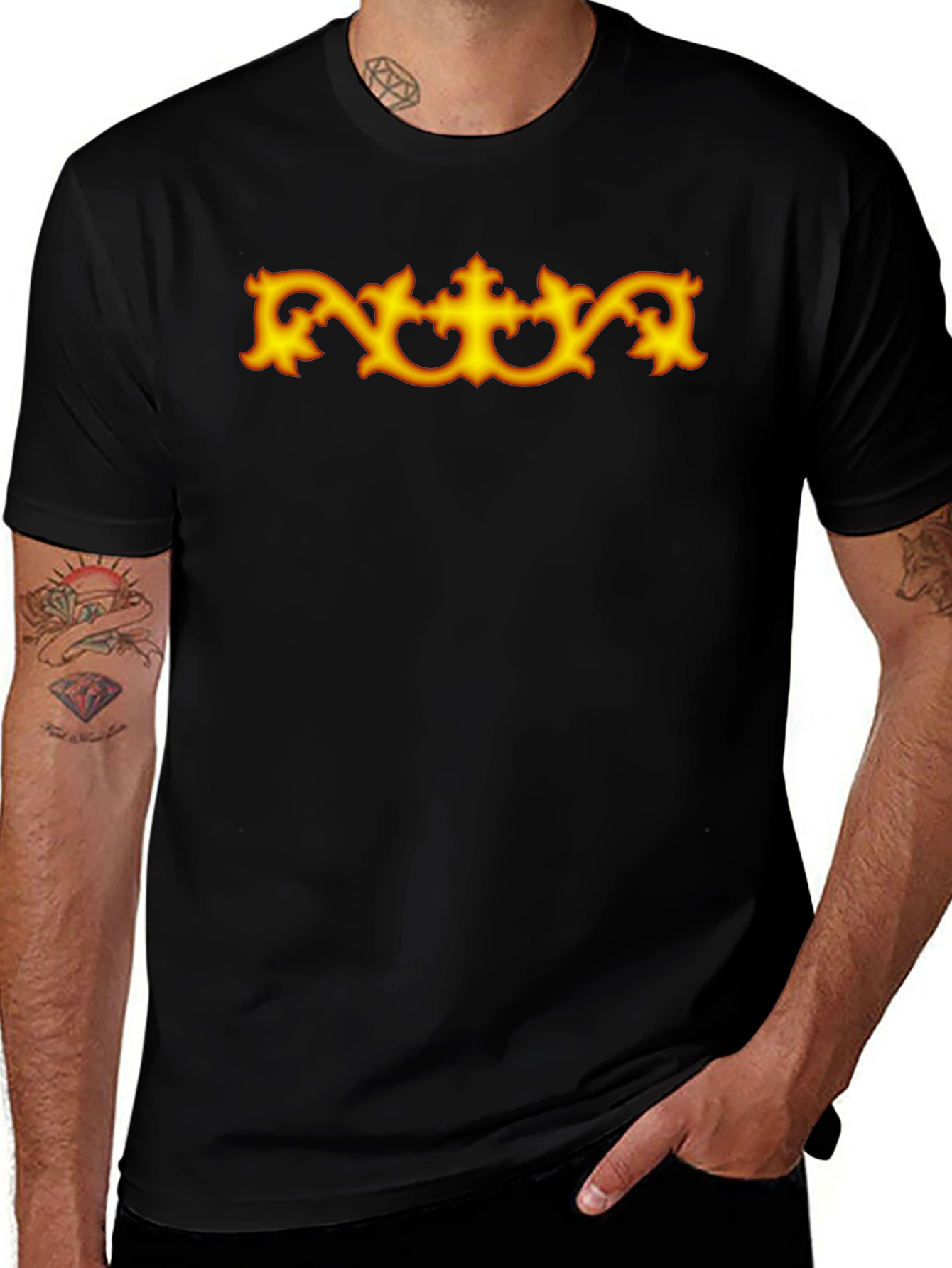 Black T-Shirt with Ornamental Gold Design
