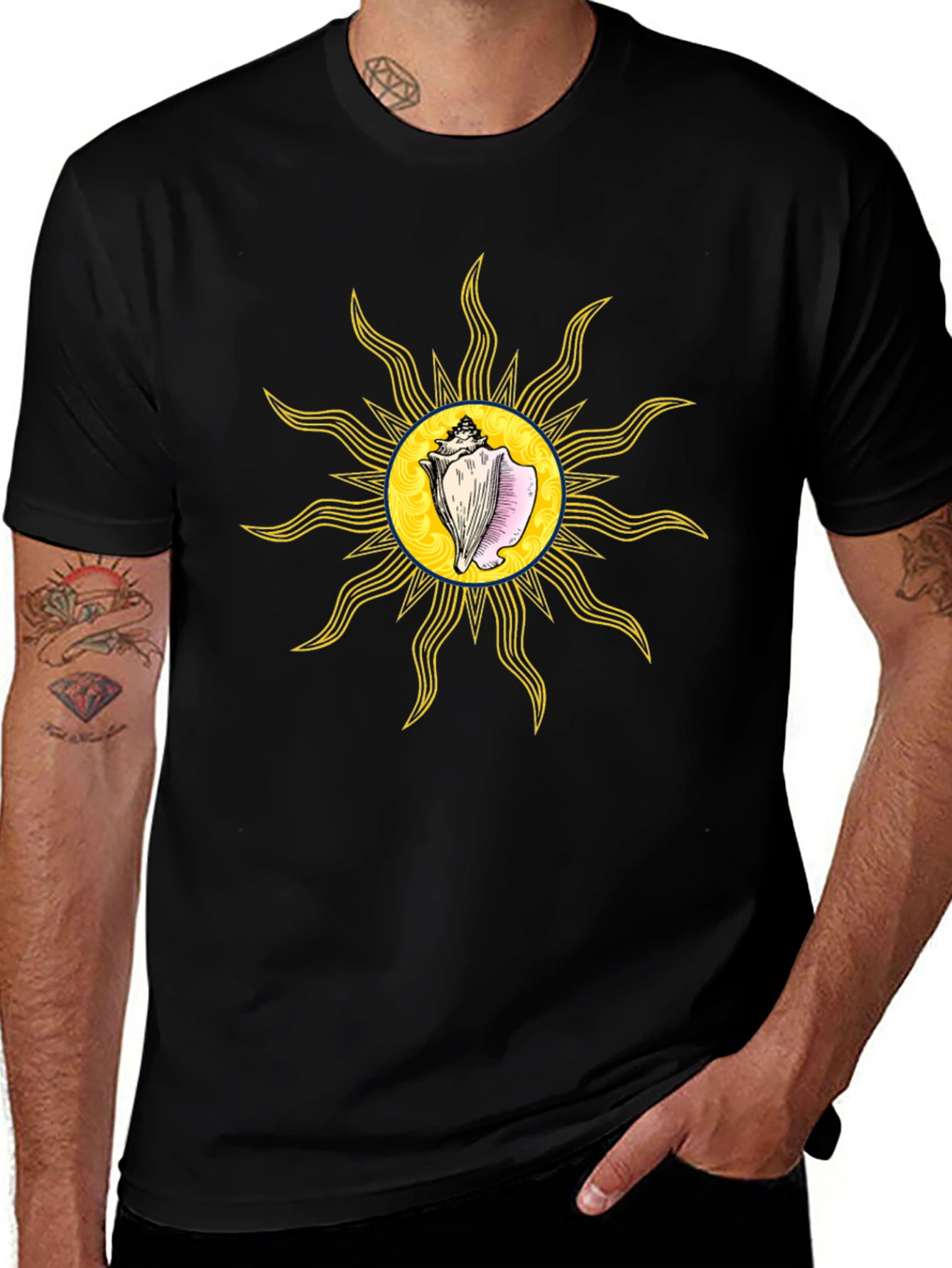 Conch Sun Graphic Tee - Black Cotton T-Shirt