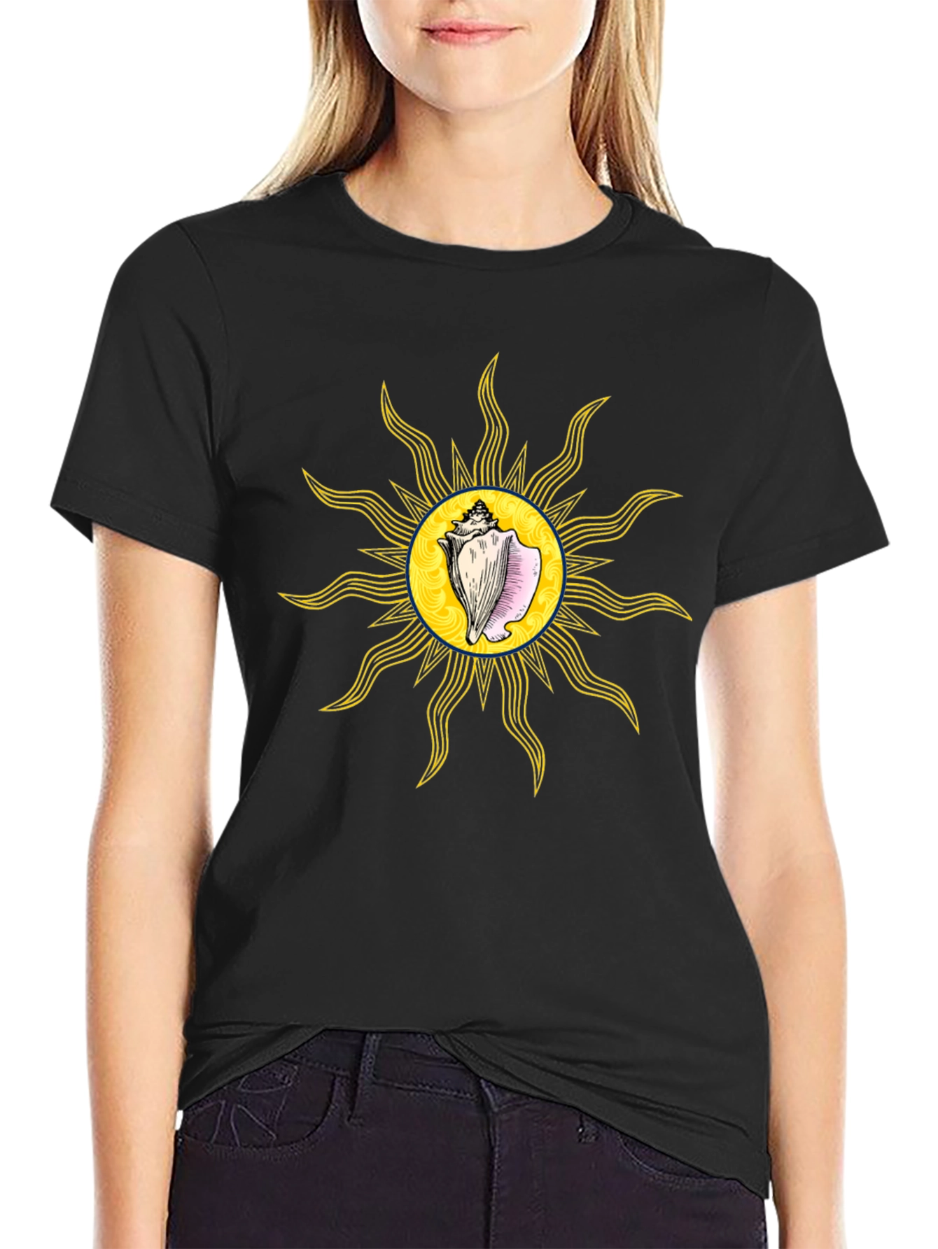 Conch Sun Graphic Tee - Black Cotton T-Shirt