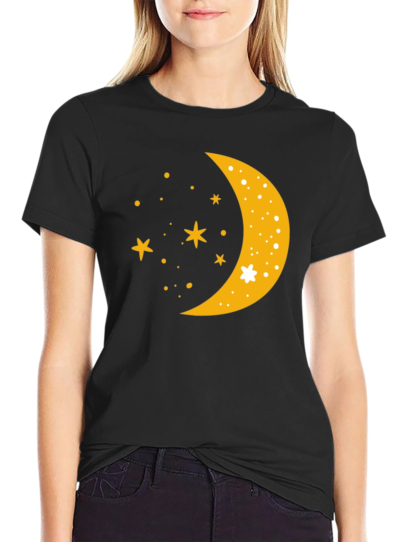 Celestial Crescent Moon Starry Night Black T-Shirt