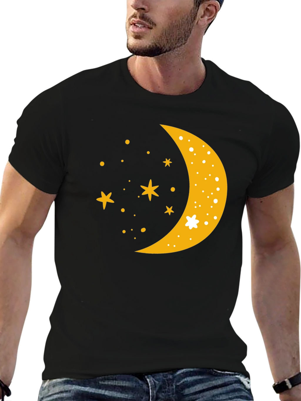 Celestial Crescent Moon Starry Night Black T-Shirt