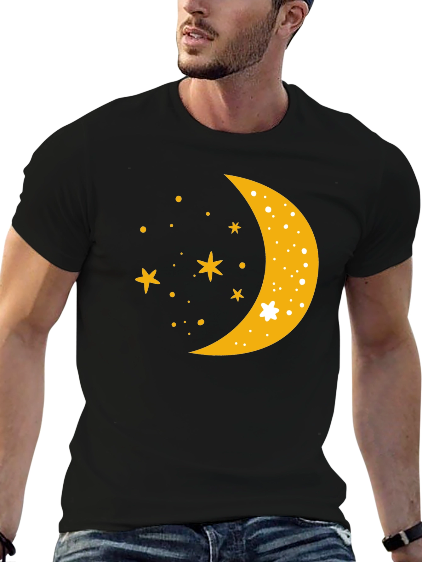 Celestial Crescent Moon Starry Night Black T-Shirt
