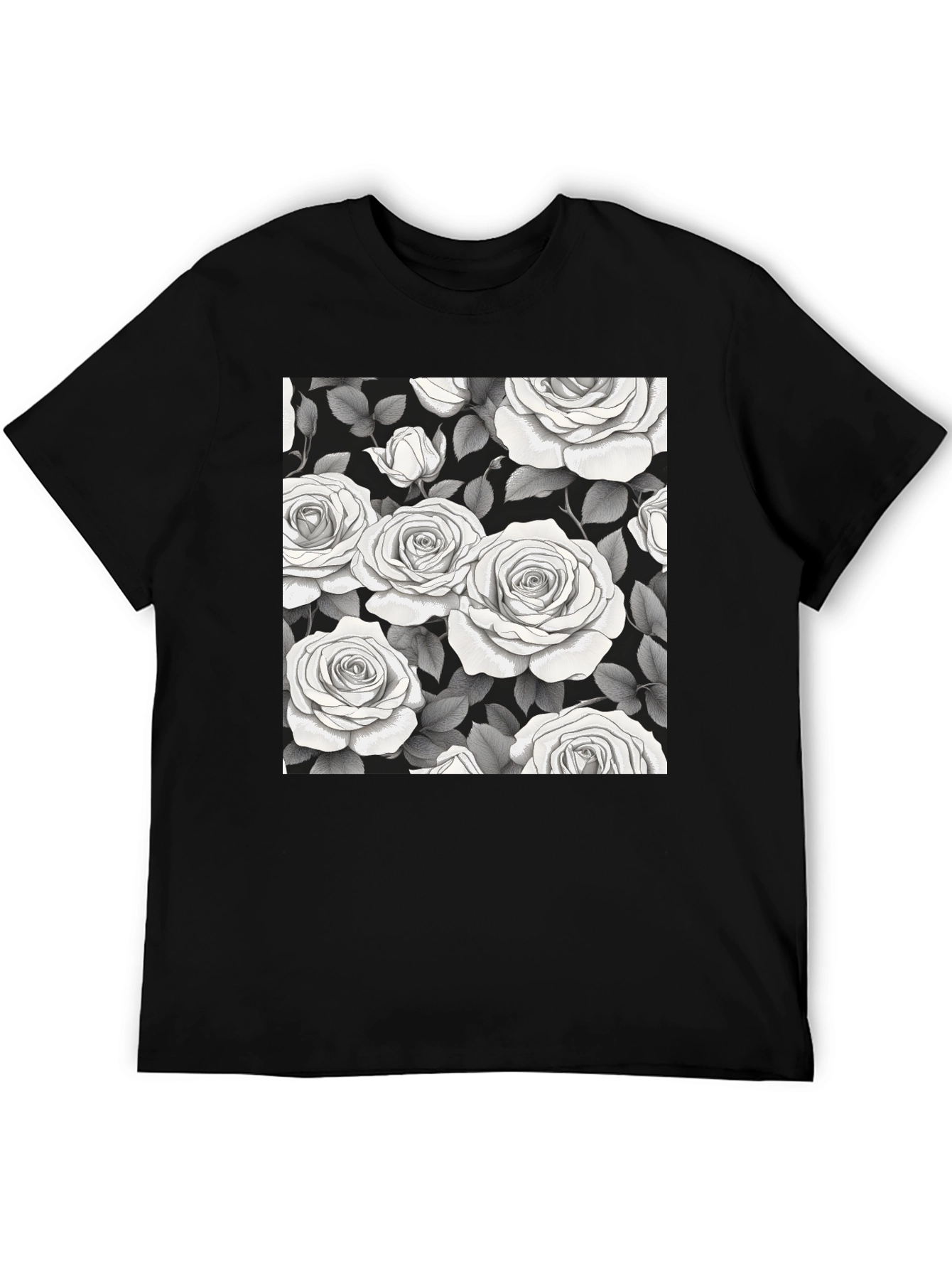 Elegant Rose Pattern Black T-Shirt