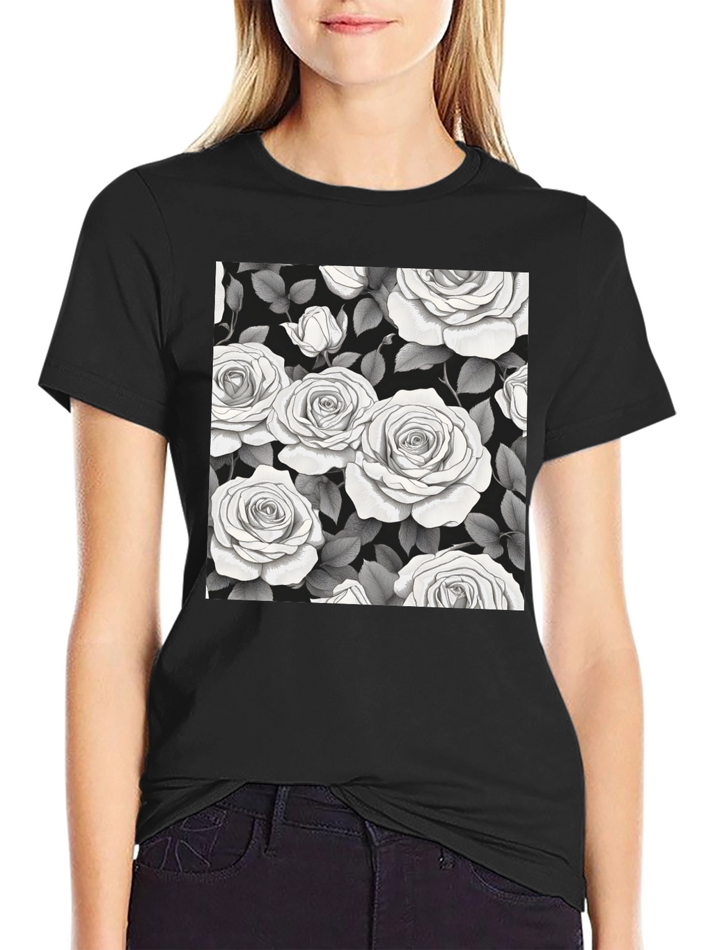 Elegant Rose Pattern Black T-Shirt