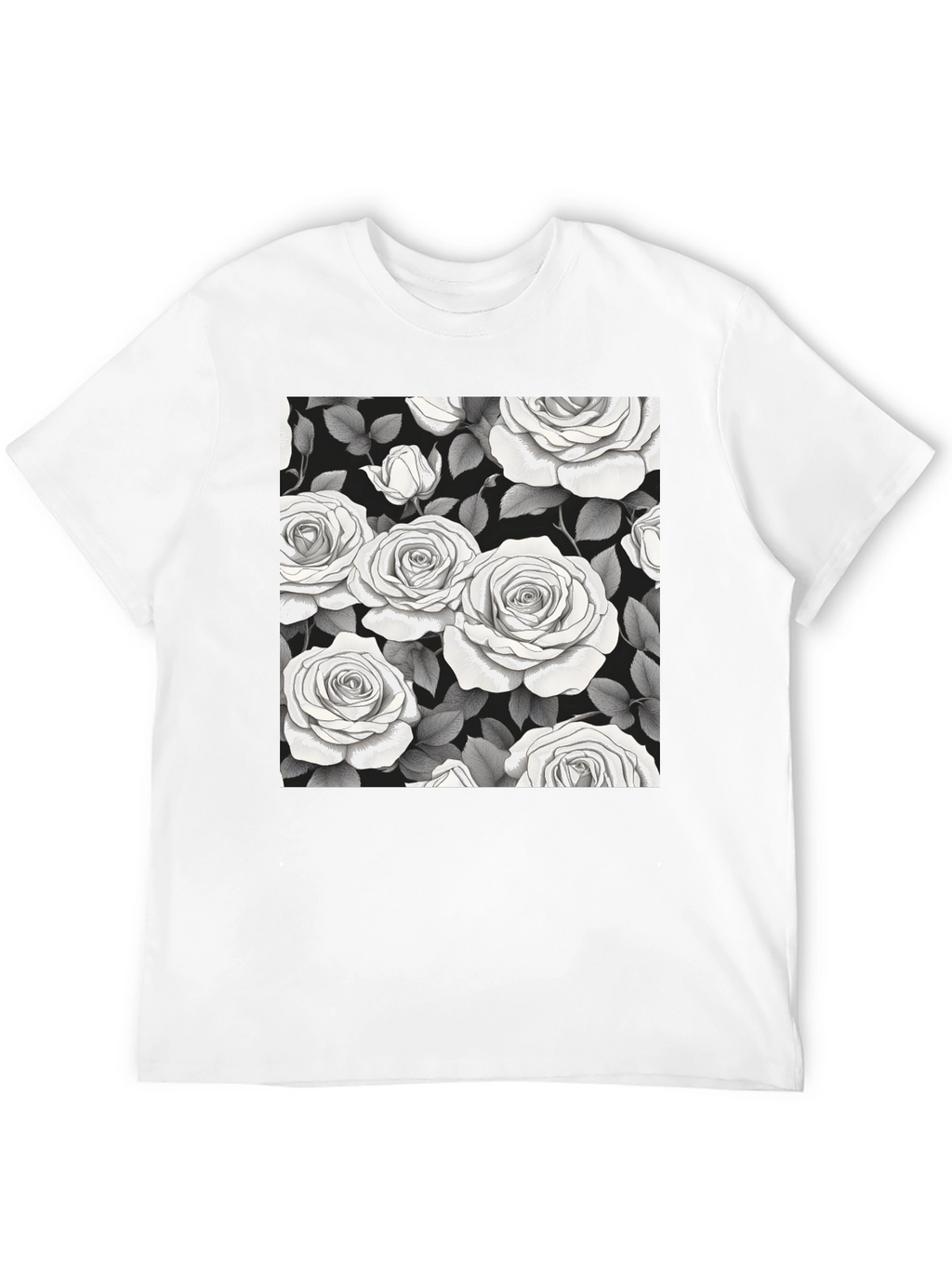 Elegant Rose Pattern Black T-Shirt