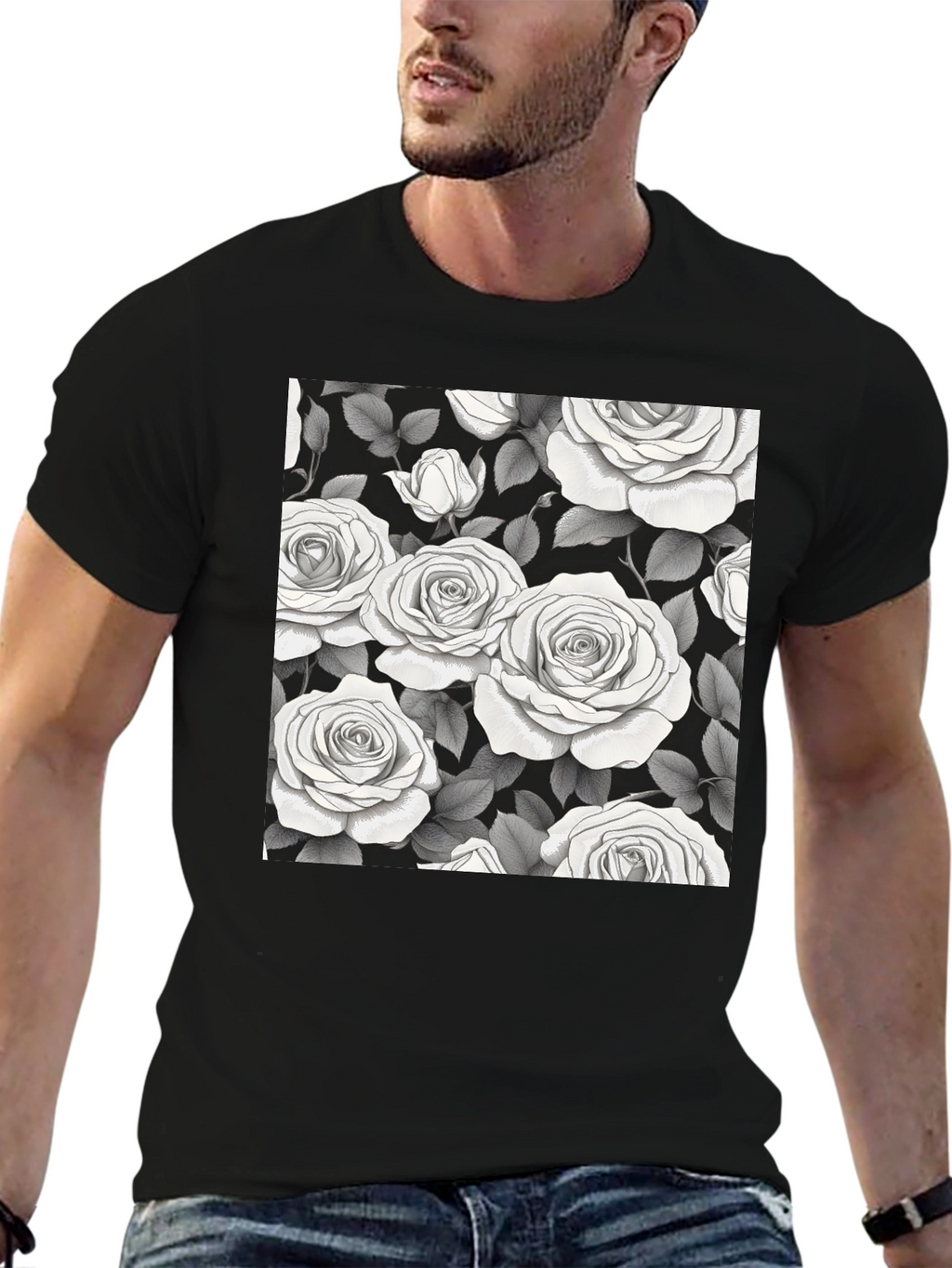 Elegant Rose Pattern Black T-Shirt