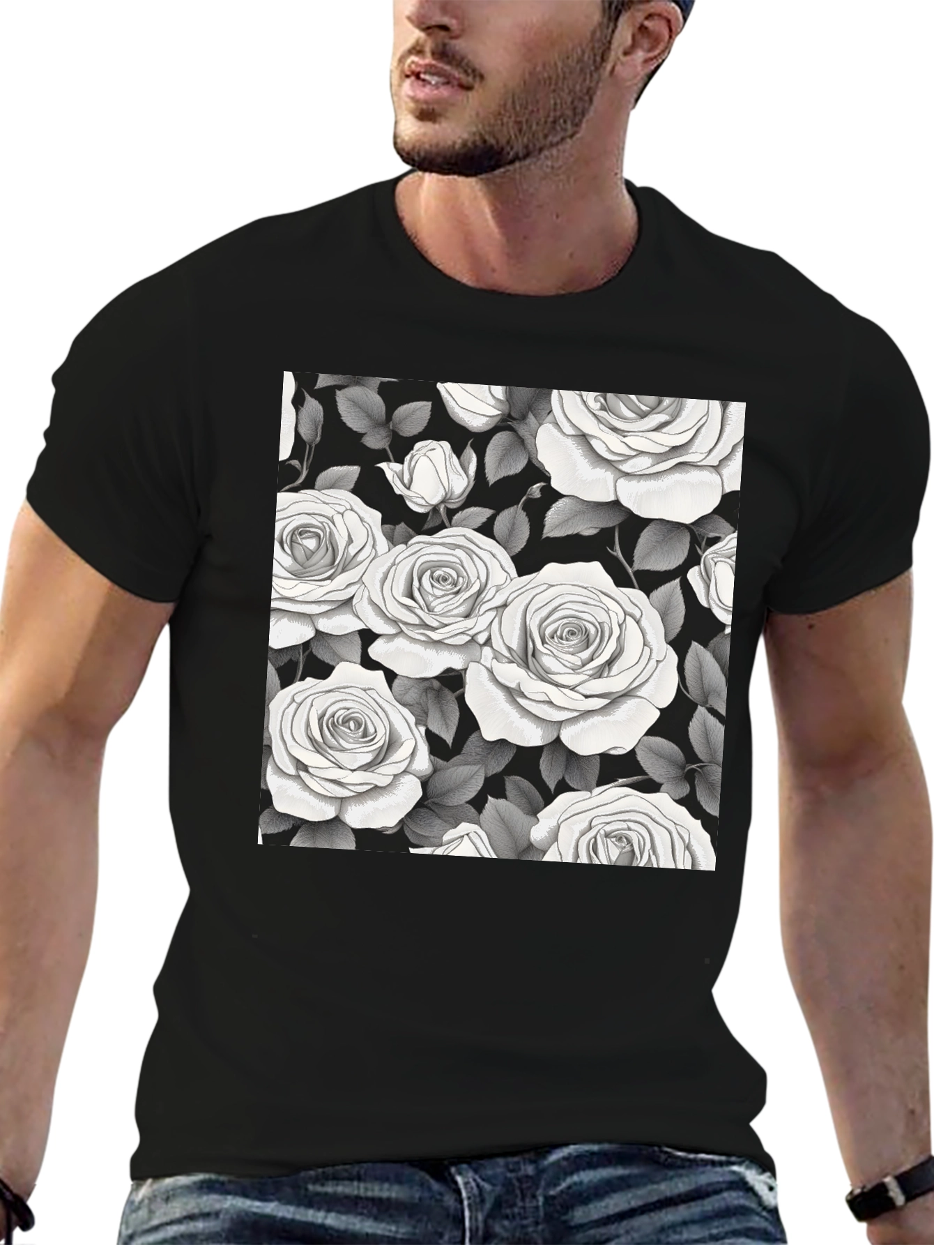 Elegant Rose Pattern Black T-Shirt