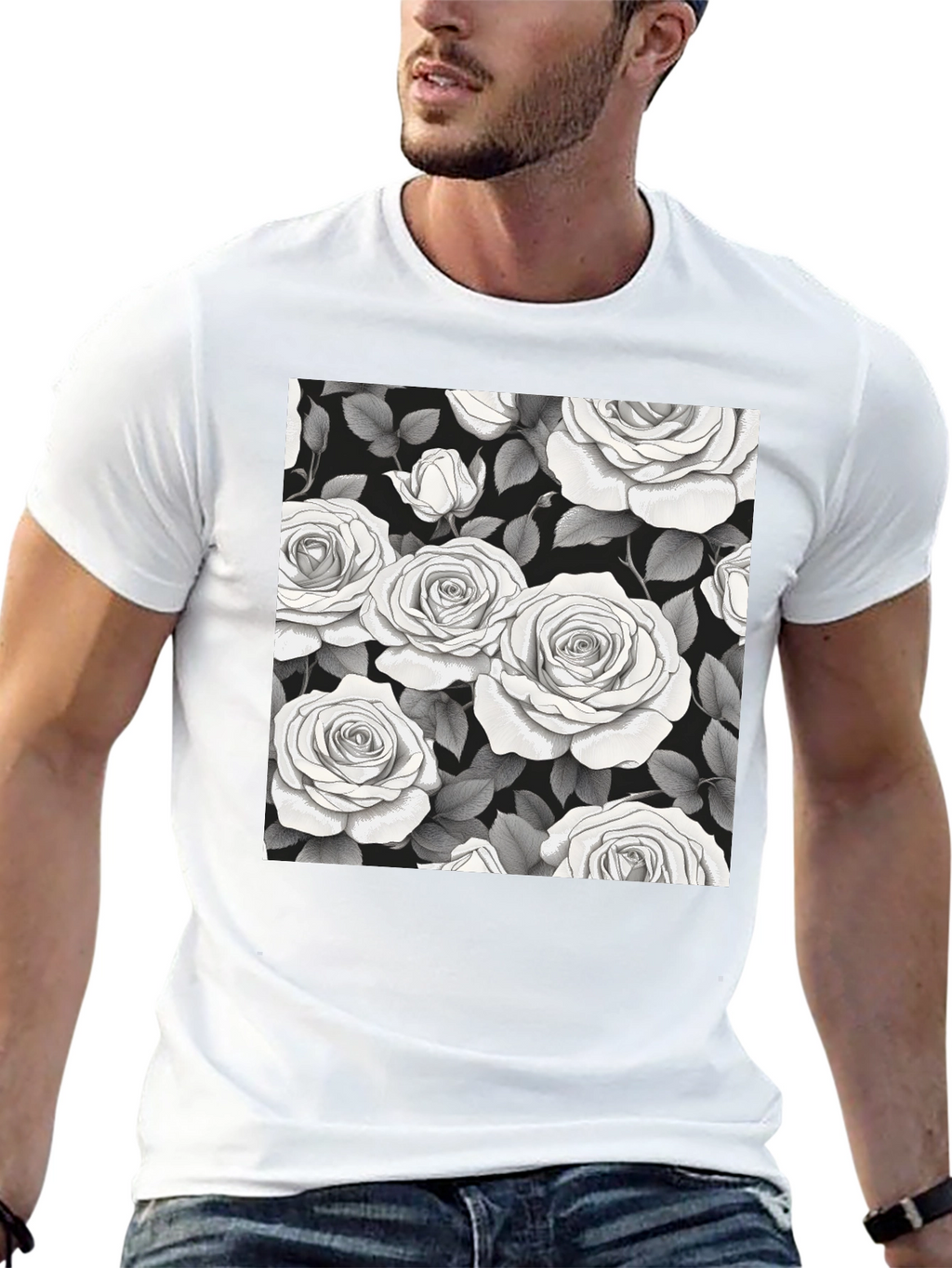 Elegant Rose Pattern Black T-Shirt