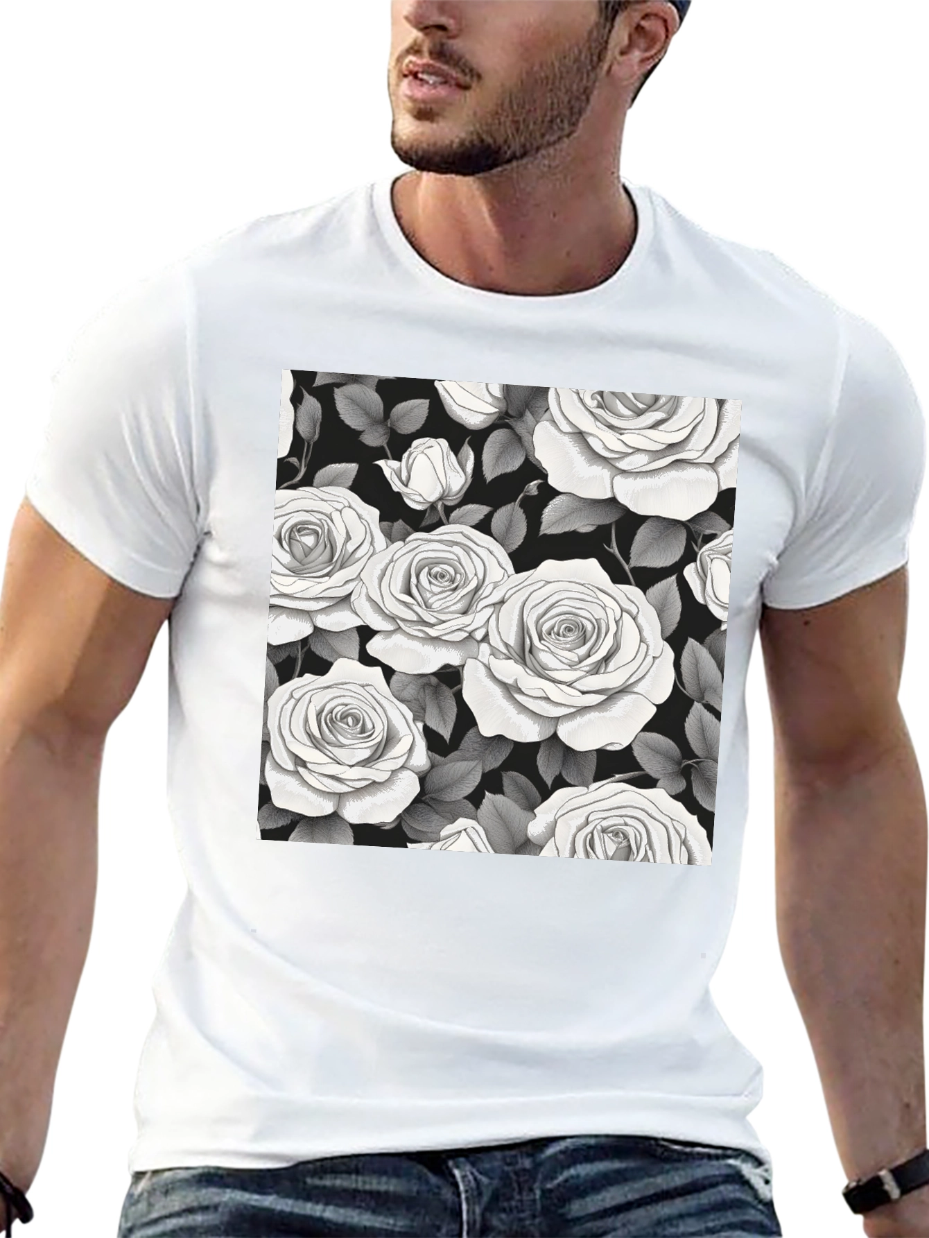 Elegant Rose Pattern Black T-Shirt