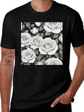 Elegant Rose Pattern Black T-Shirt