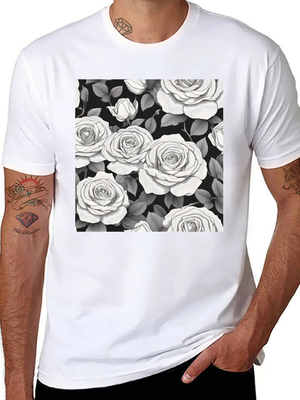 Elegant Rose Pattern Black T-Shirt