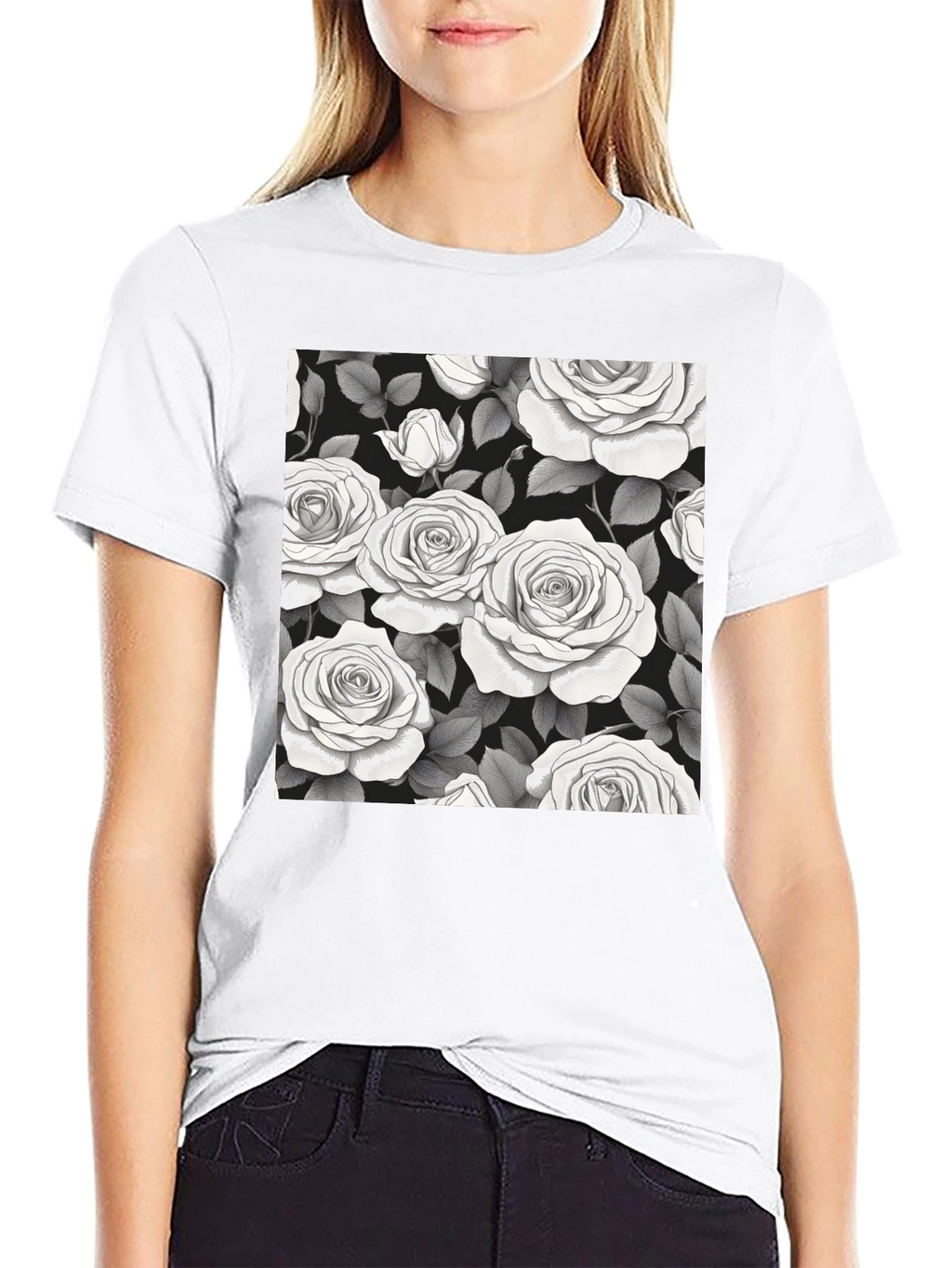 Elegant Rose Pattern Black T-Shirt