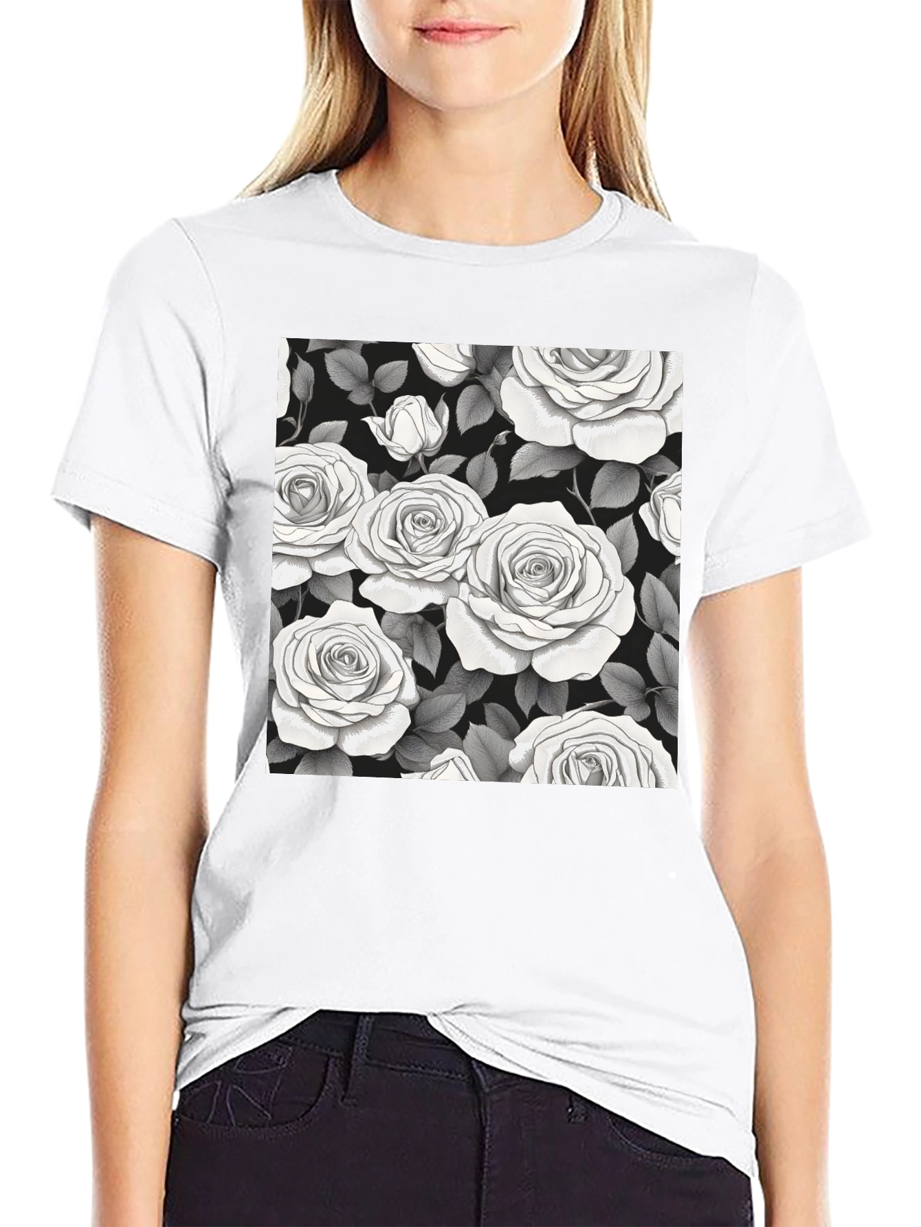 Elegant Rose Pattern Black T-Shirt