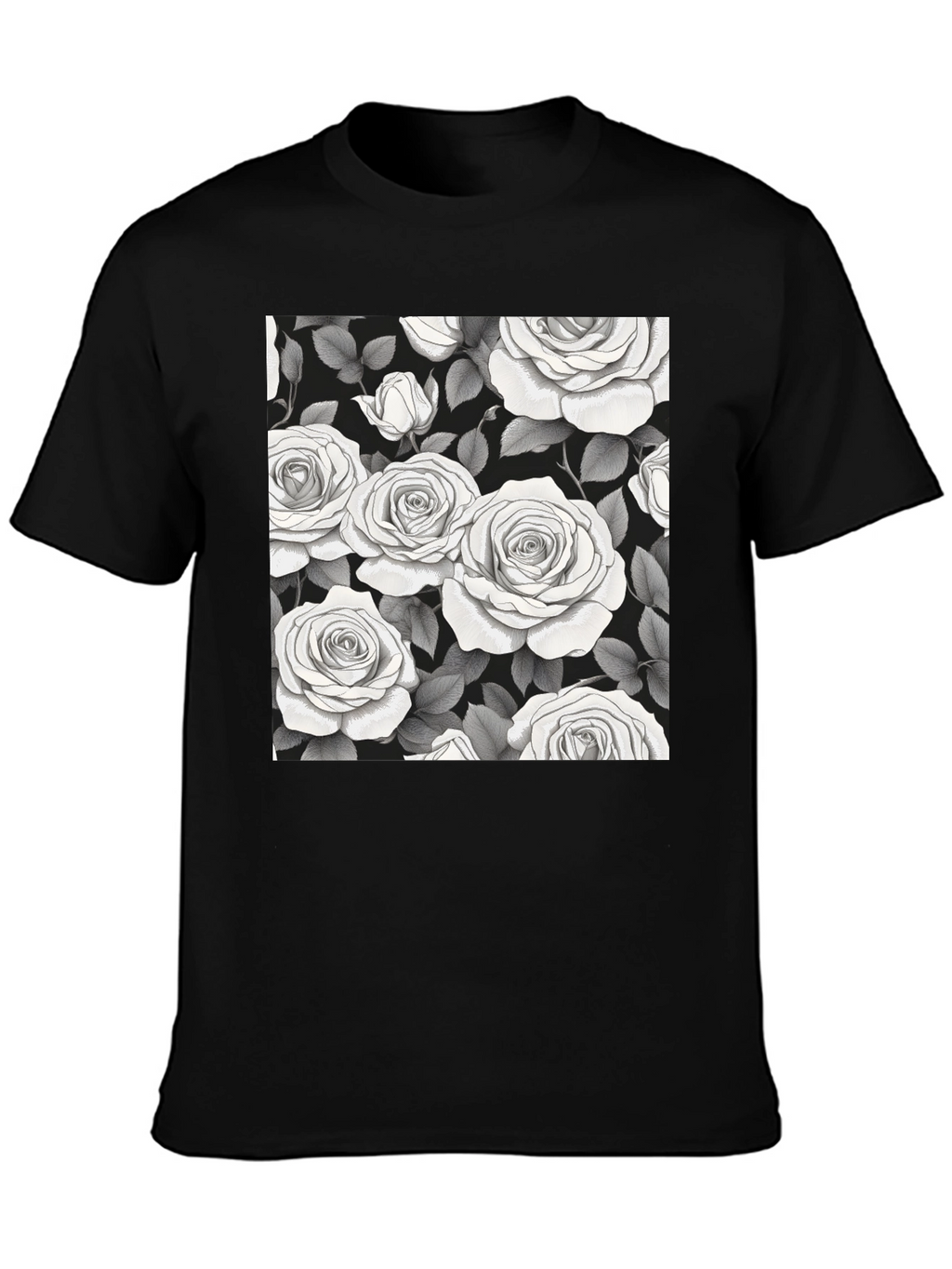 Elegant Rose Pattern Black T-Shirt