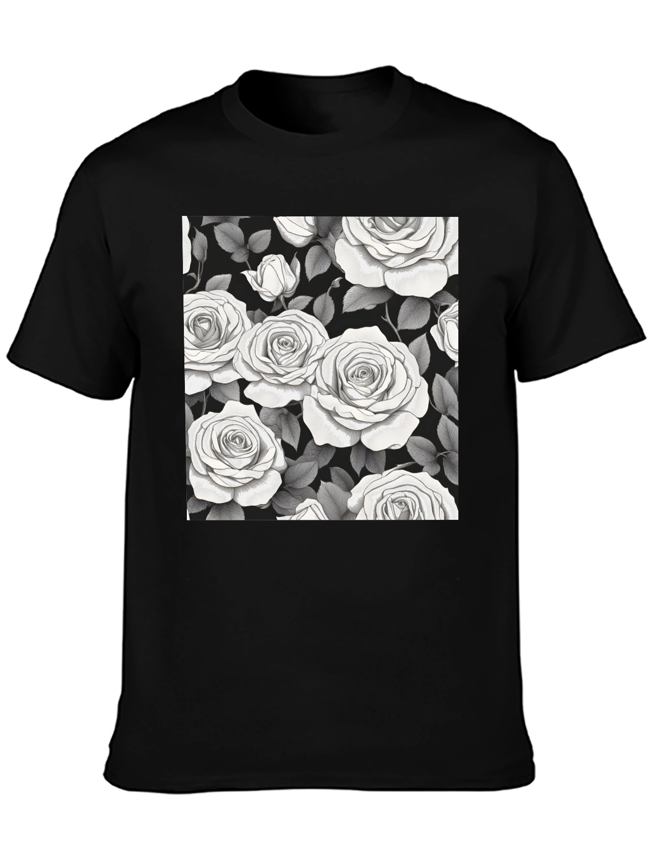 Elegant Rose Pattern Black T-Shirt