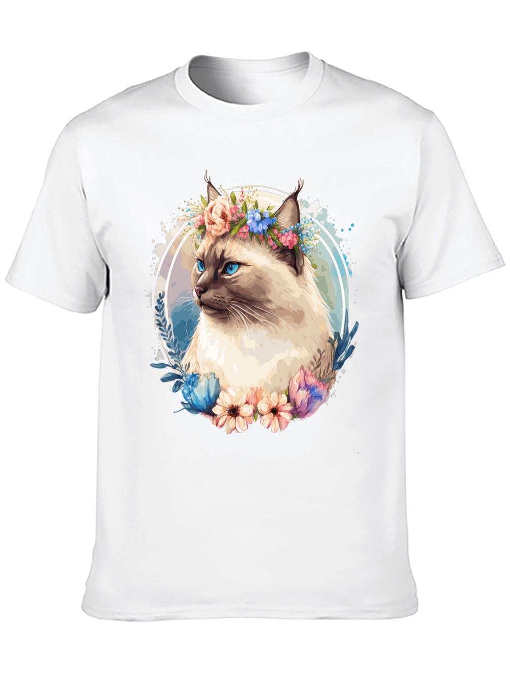 Cat with Flowers Black T-Shirt