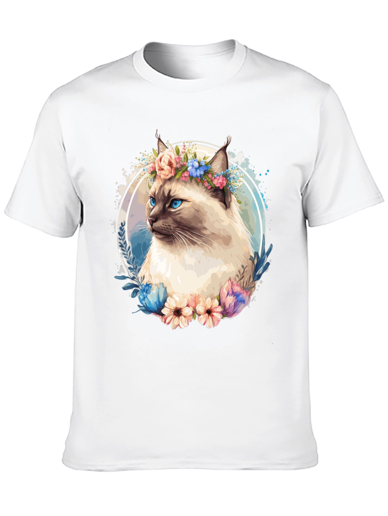 Cat with Flowers Black T-Shirt
