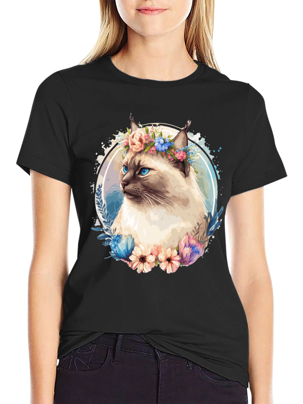 Cat with Flowers Black T-Shirt