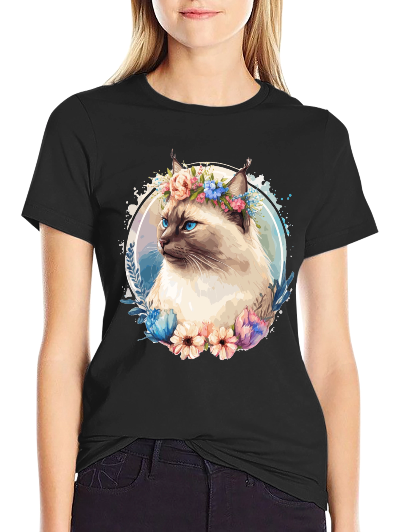 Cat with Flowers Black T-Shirt