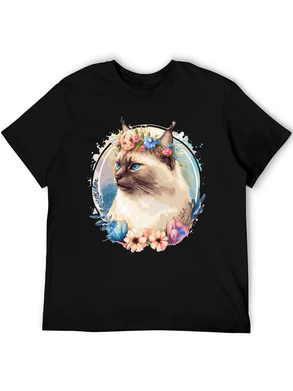Cat with Flowers Black T-Shirt