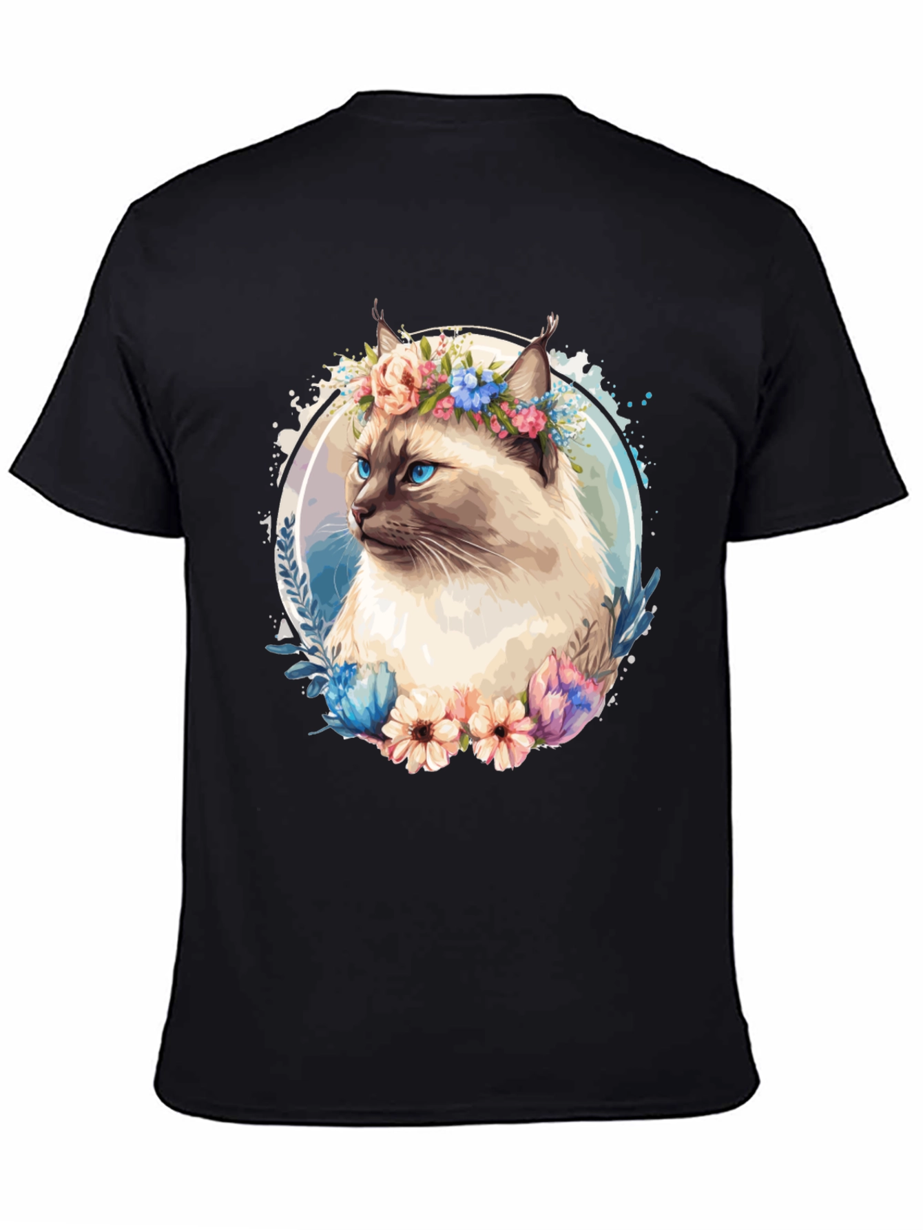 Cat with Flowers Black T-Shirt
