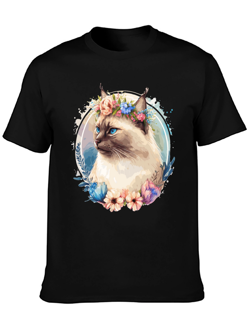 Cat with Flowers Black T-Shirt