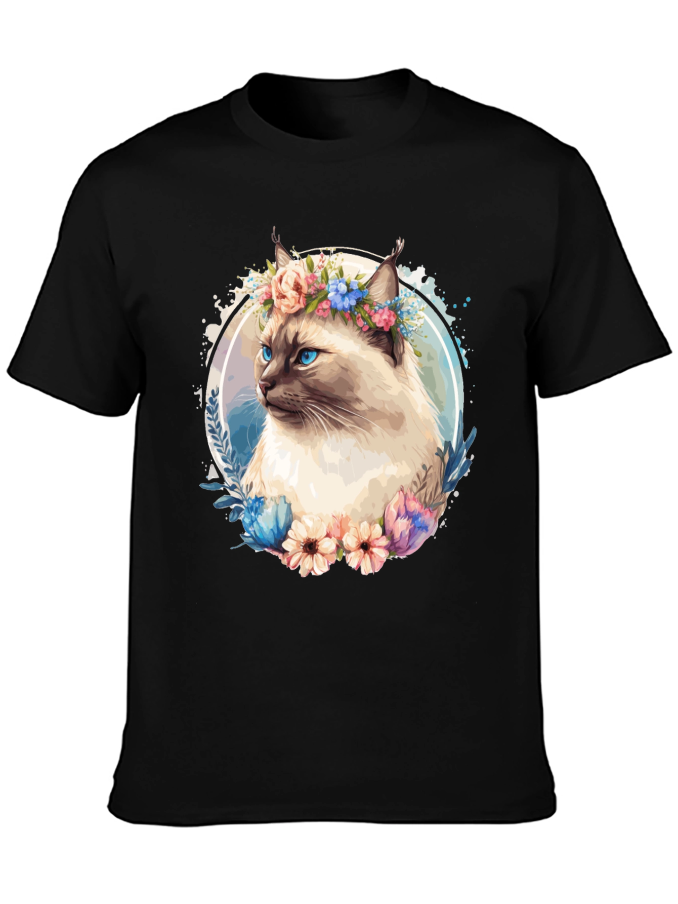 Cat with Flowers Black T-Shirt
