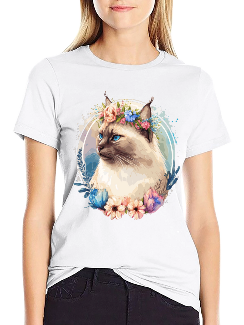 Cat with Flowers Black T-Shirt