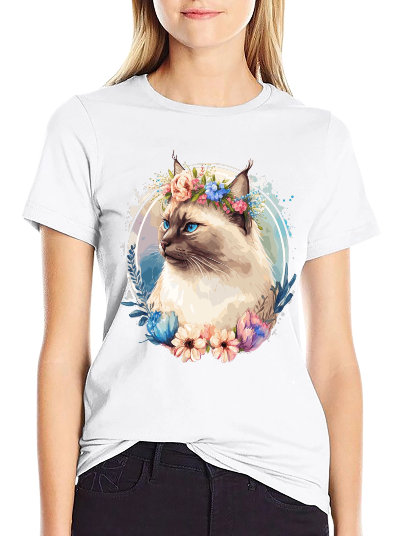 Cat with Flowers Black T-Shirt