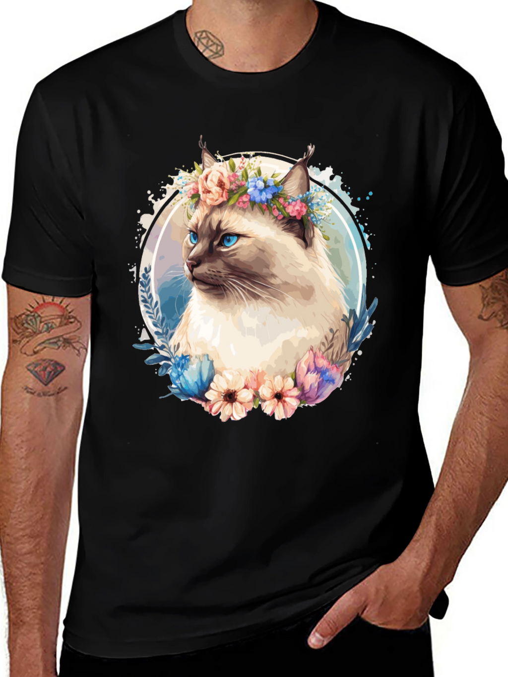 Cat with Flowers Black T-Shirt