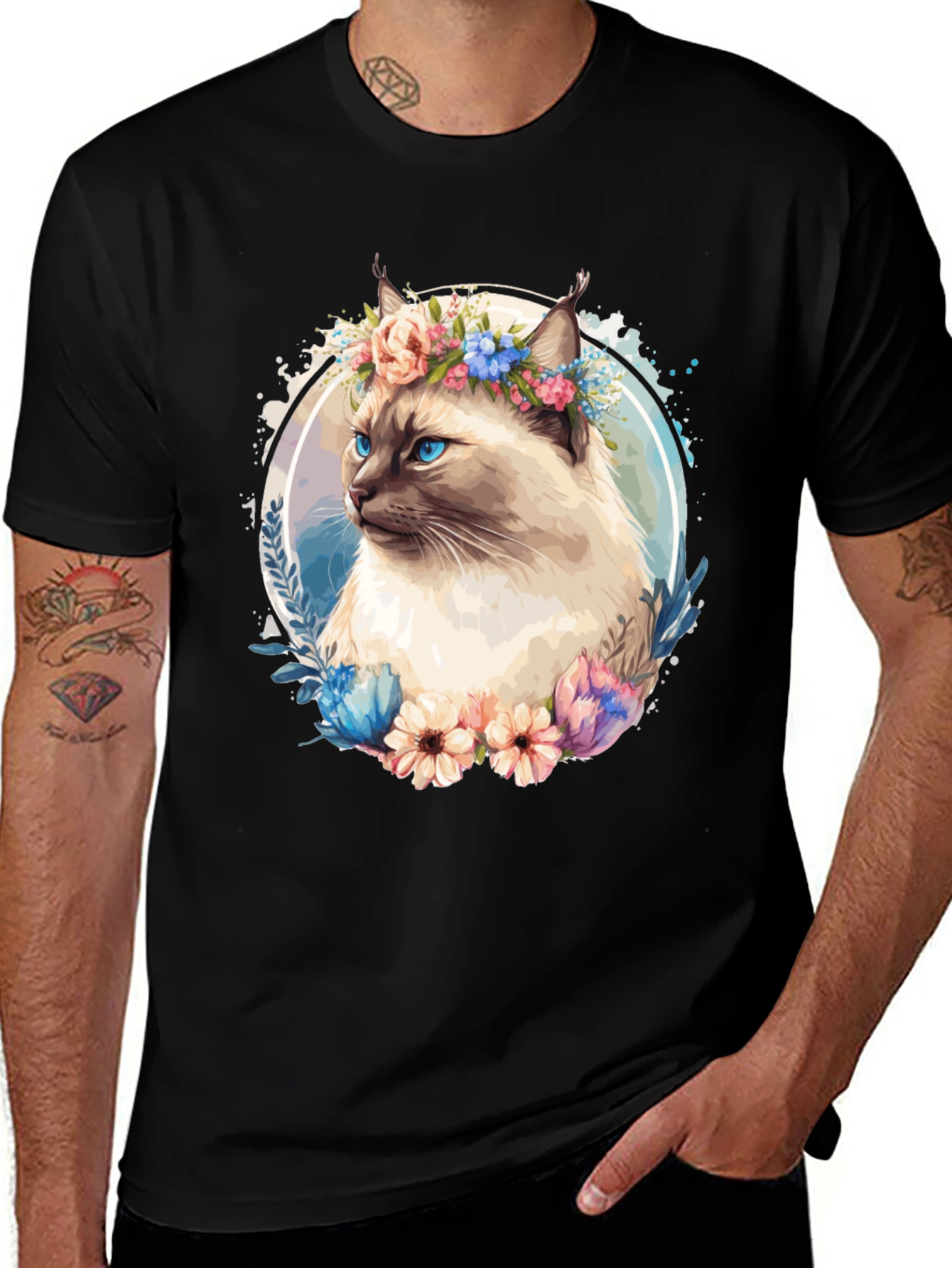 Cat with Flowers Black T-Shirt