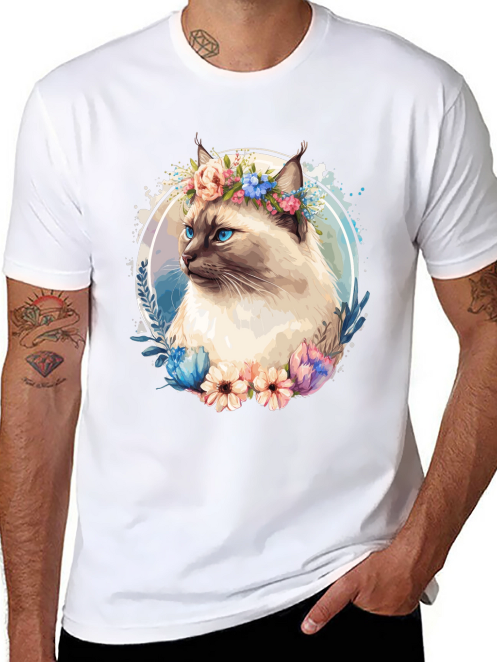 Cat with Flowers Black T-Shirt