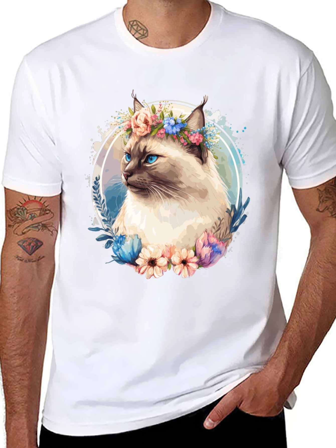 Cat with Flowers Black T-Shirt