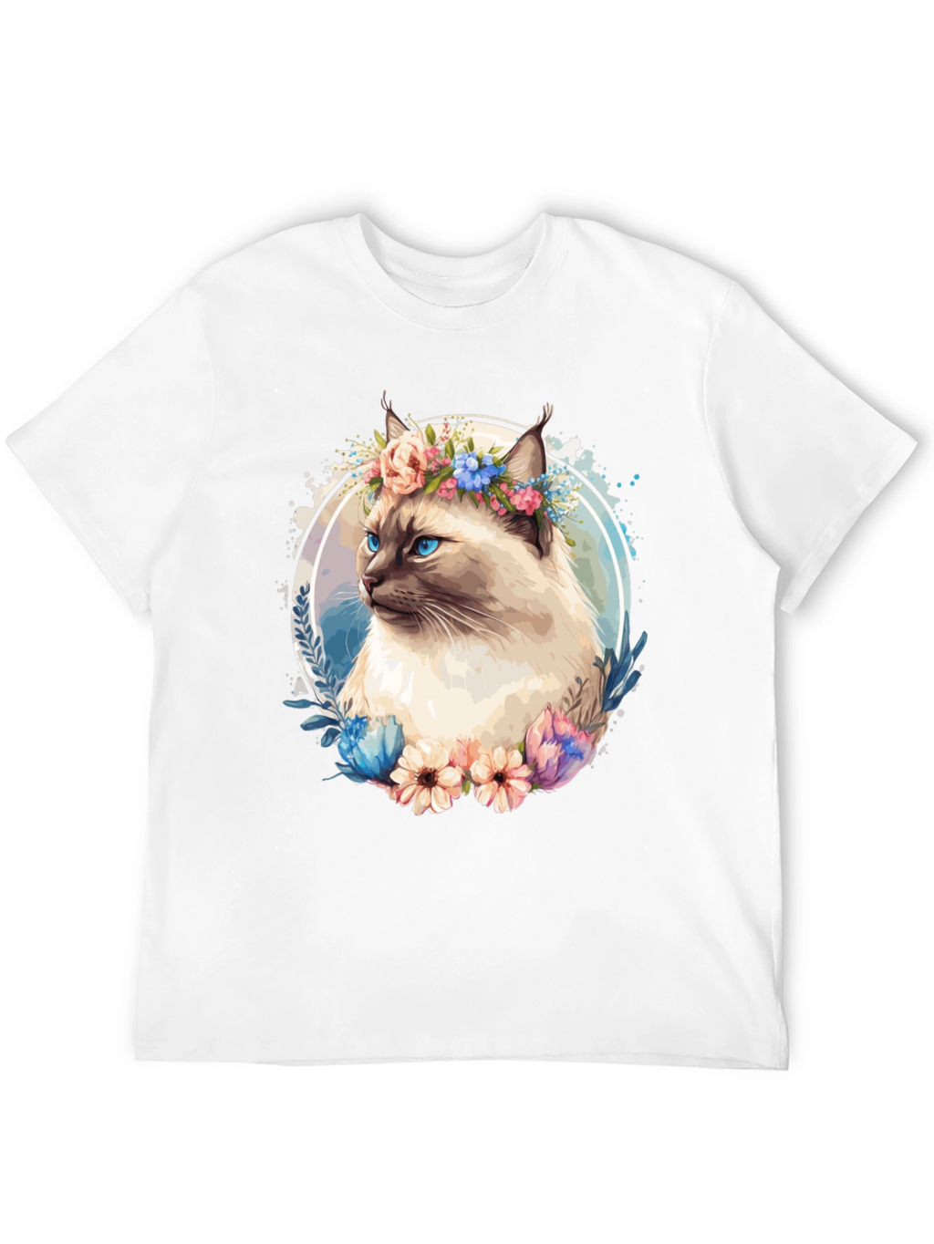 Cat with Flowers Black T-Shirt