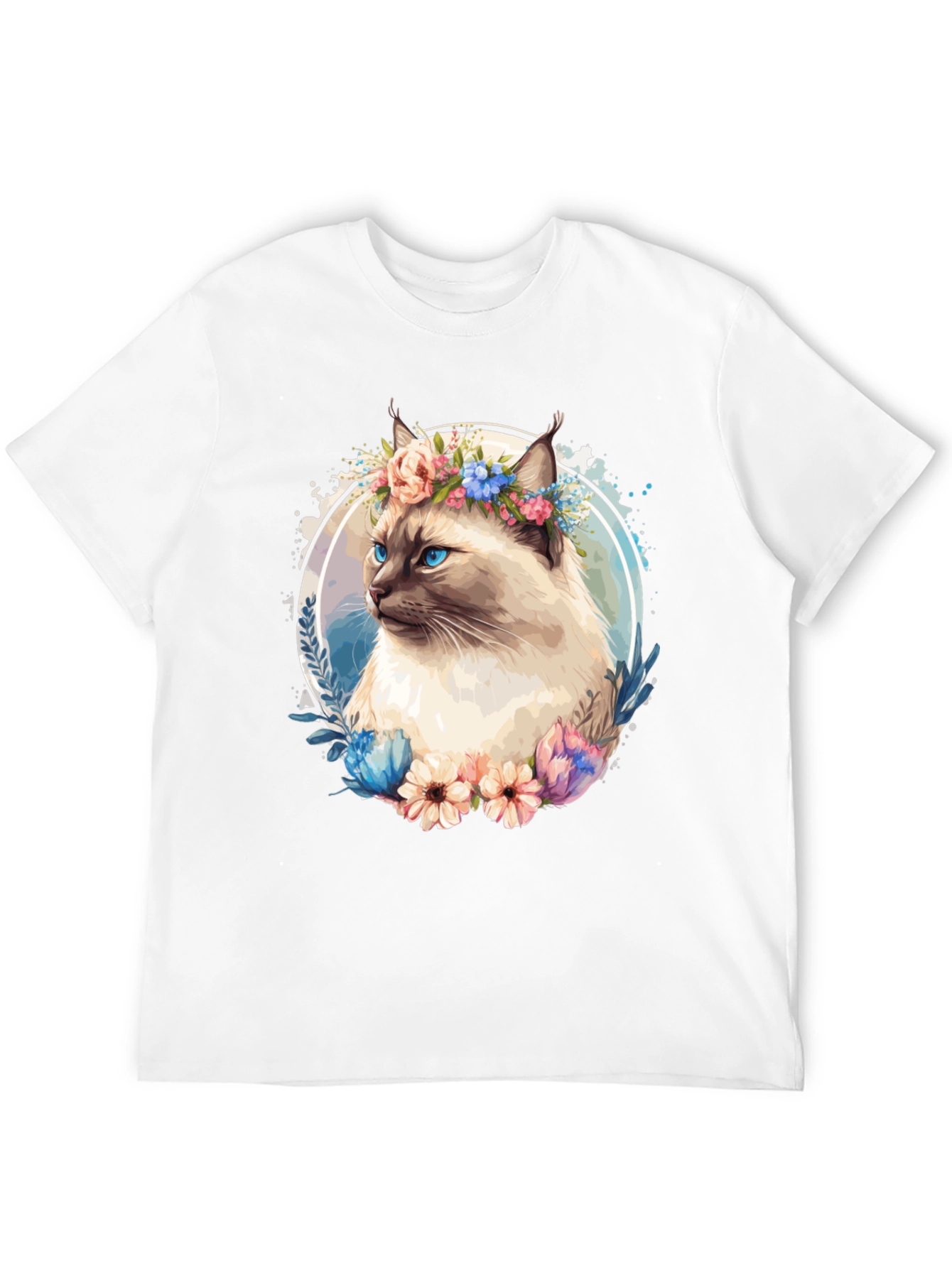 Cat with Flowers Black T-Shirt