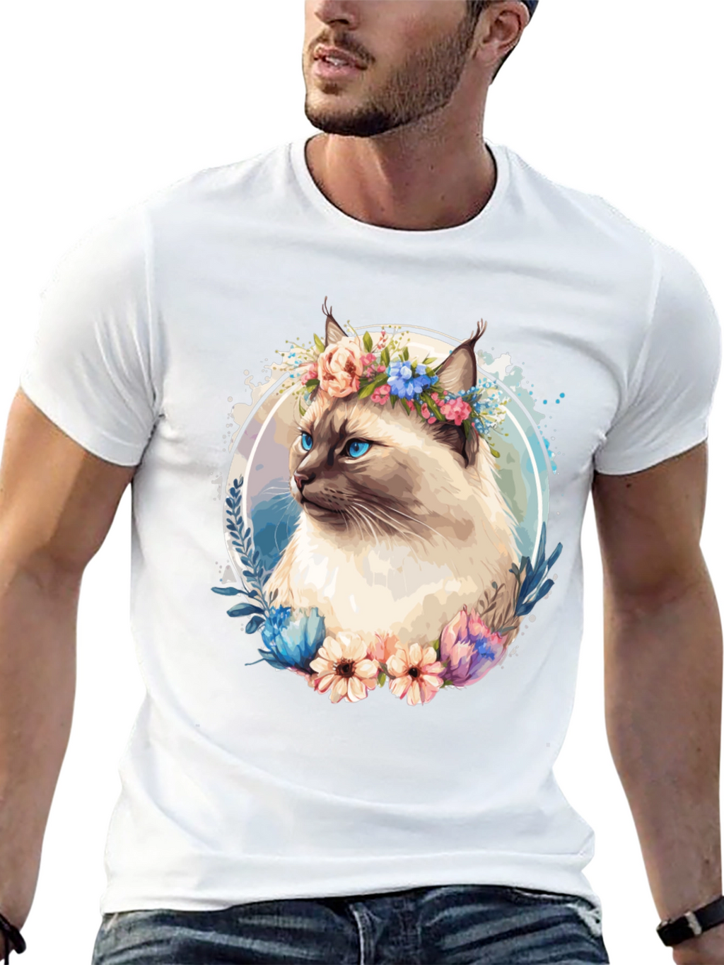 Cat with Flowers Black T-Shirt