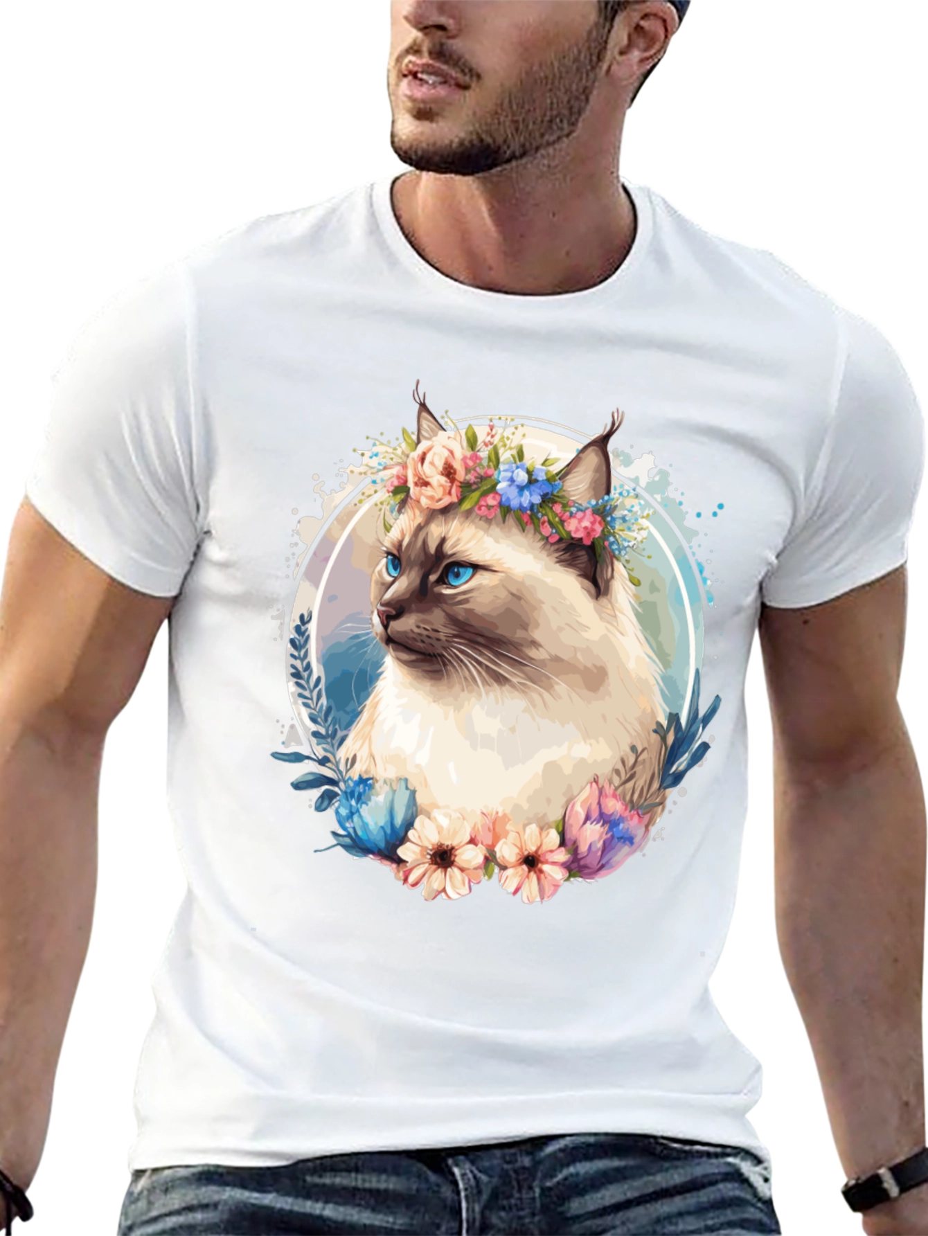 Cat with Flowers Black T-Shirt