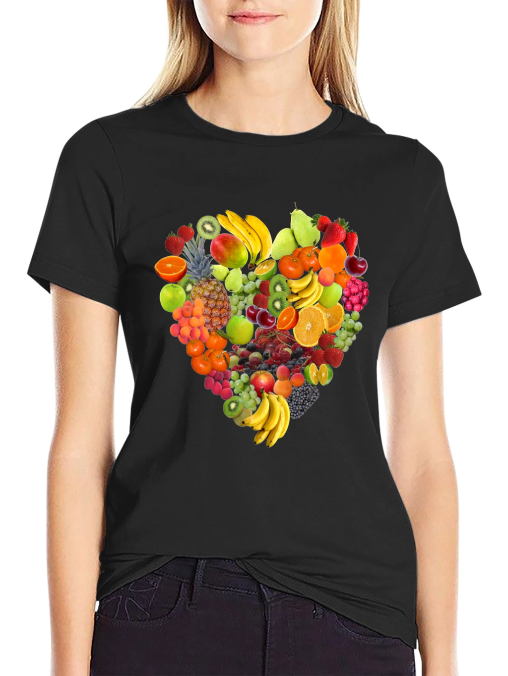 Fruit Heart Graphic Print Black T-Shirt
