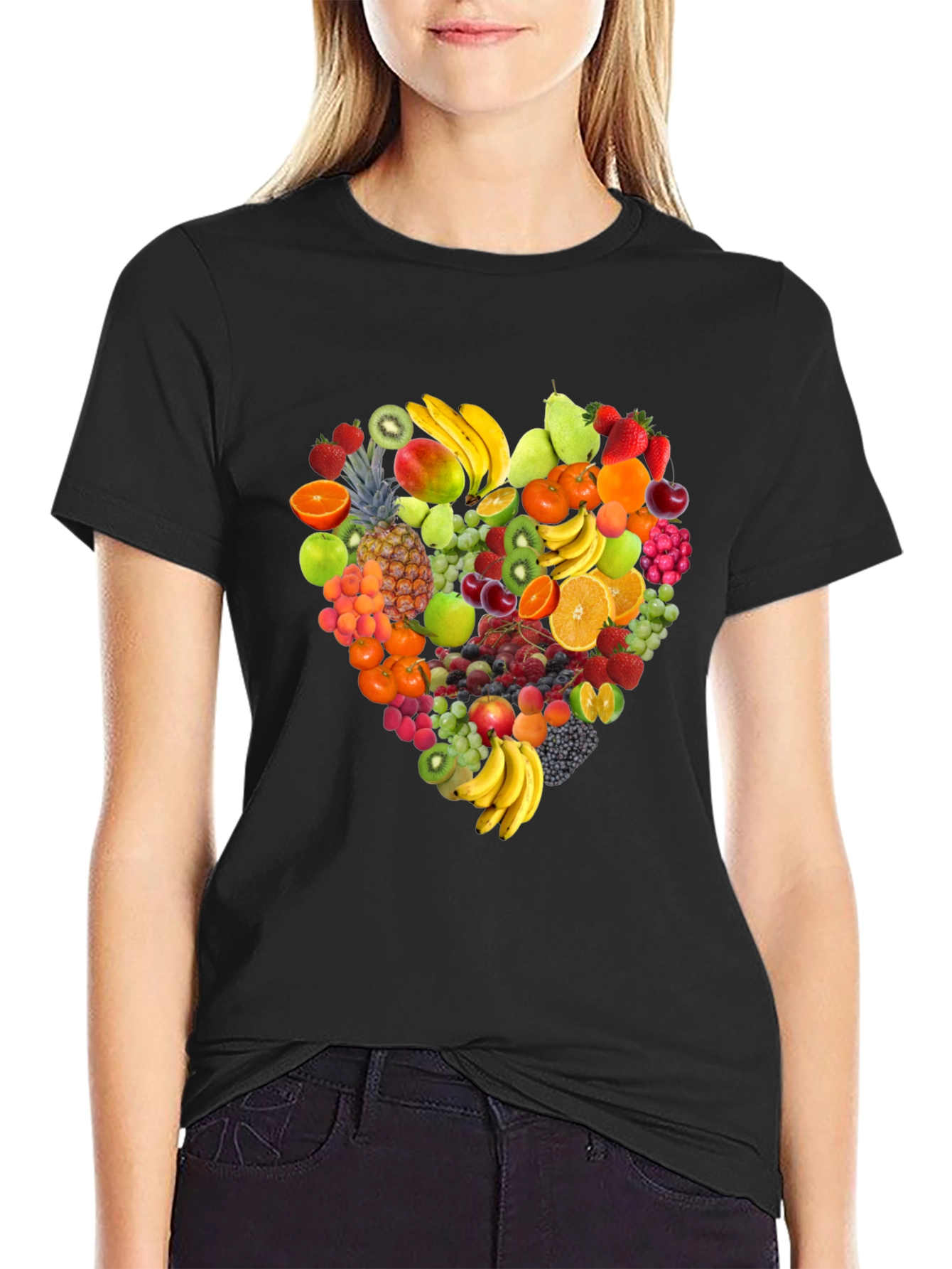 Fruit Heart Graphic Print Black T-Shirt