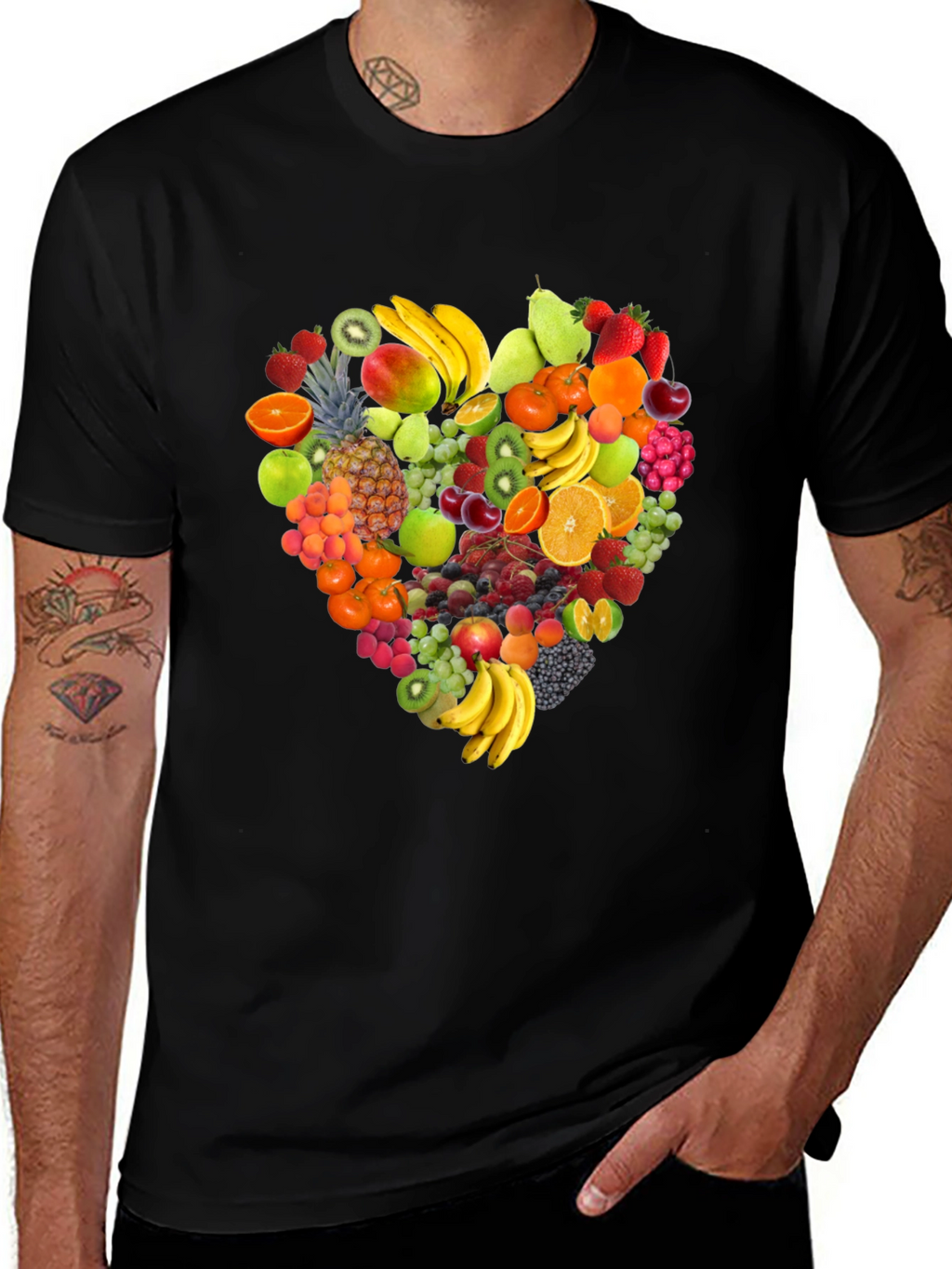 Fruit Heart Graphic Print Black T-Shirt