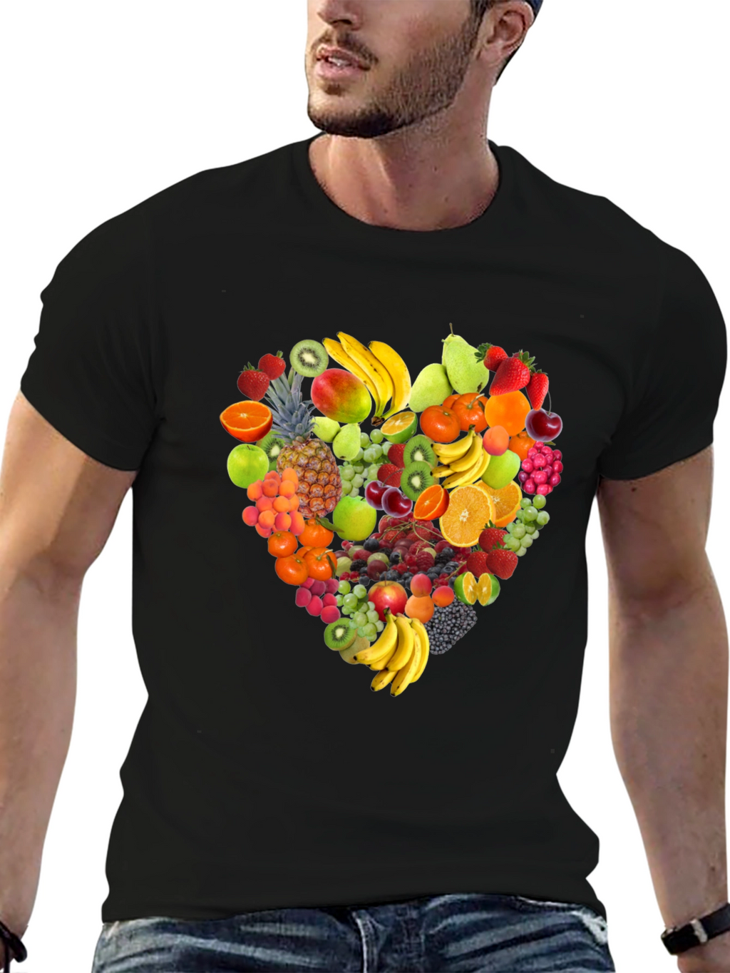 Fruit Heart Graphic Print Black T-Shirt