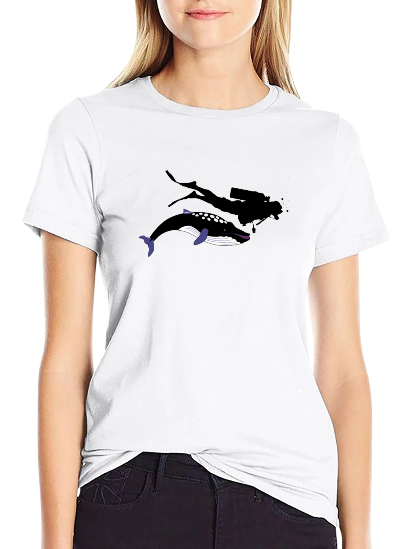 Diver and Whale Black Graphic T-Shirt