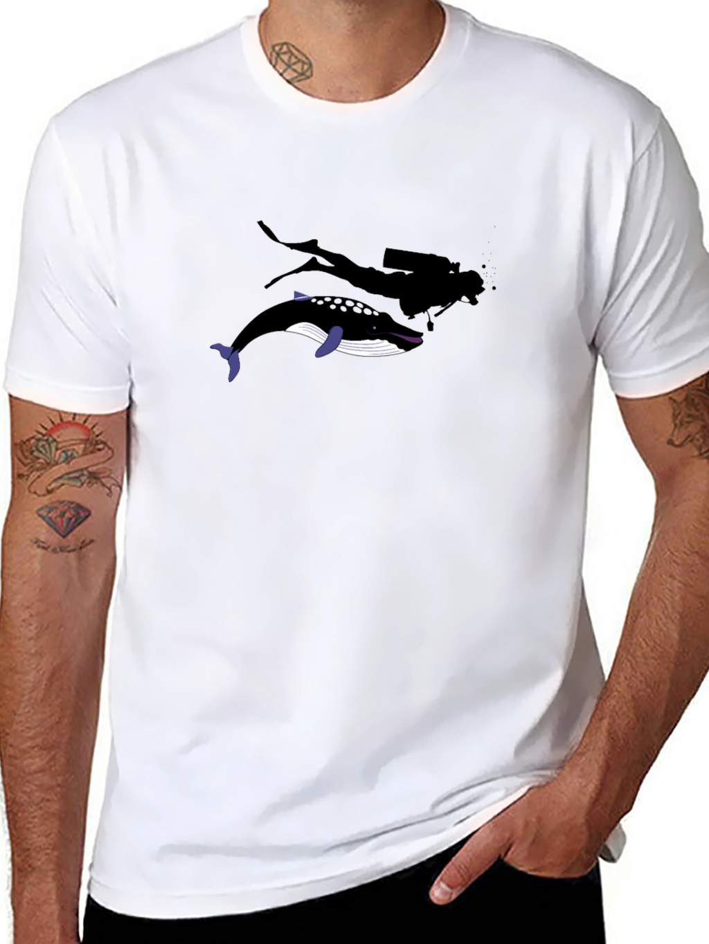Diver and Whale Black Graphic T-Shirt