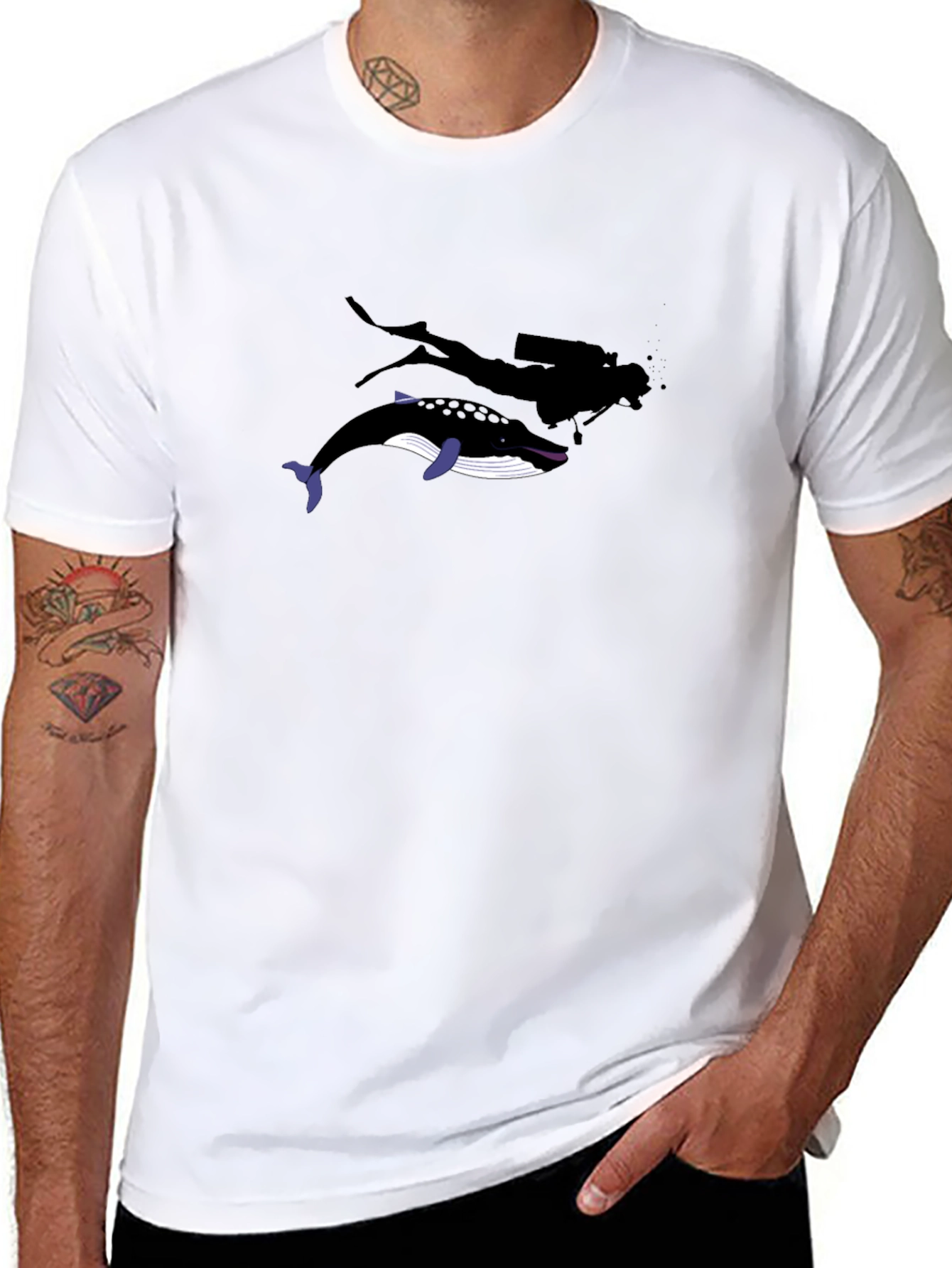 Diver and Whale Black Graphic T-Shirt