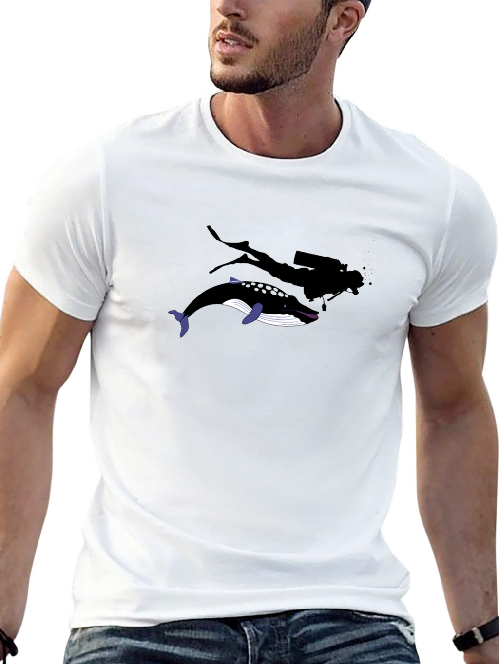 Diver and Whale Black Graphic T-Shirt