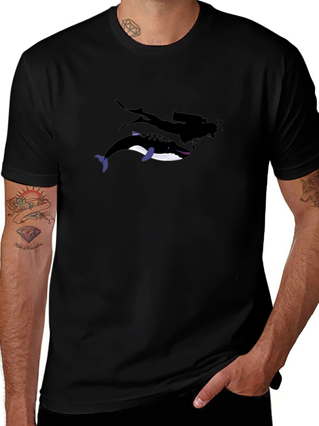 Diver and Whale Black Graphic T-Shirt