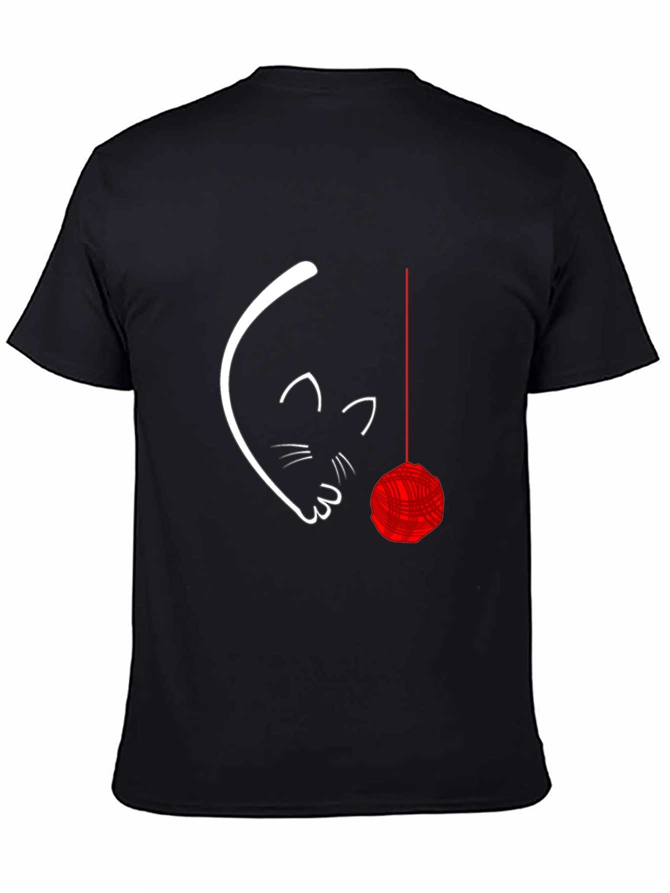 Cute Cat with Yarn Ball Graphic Tee - Black