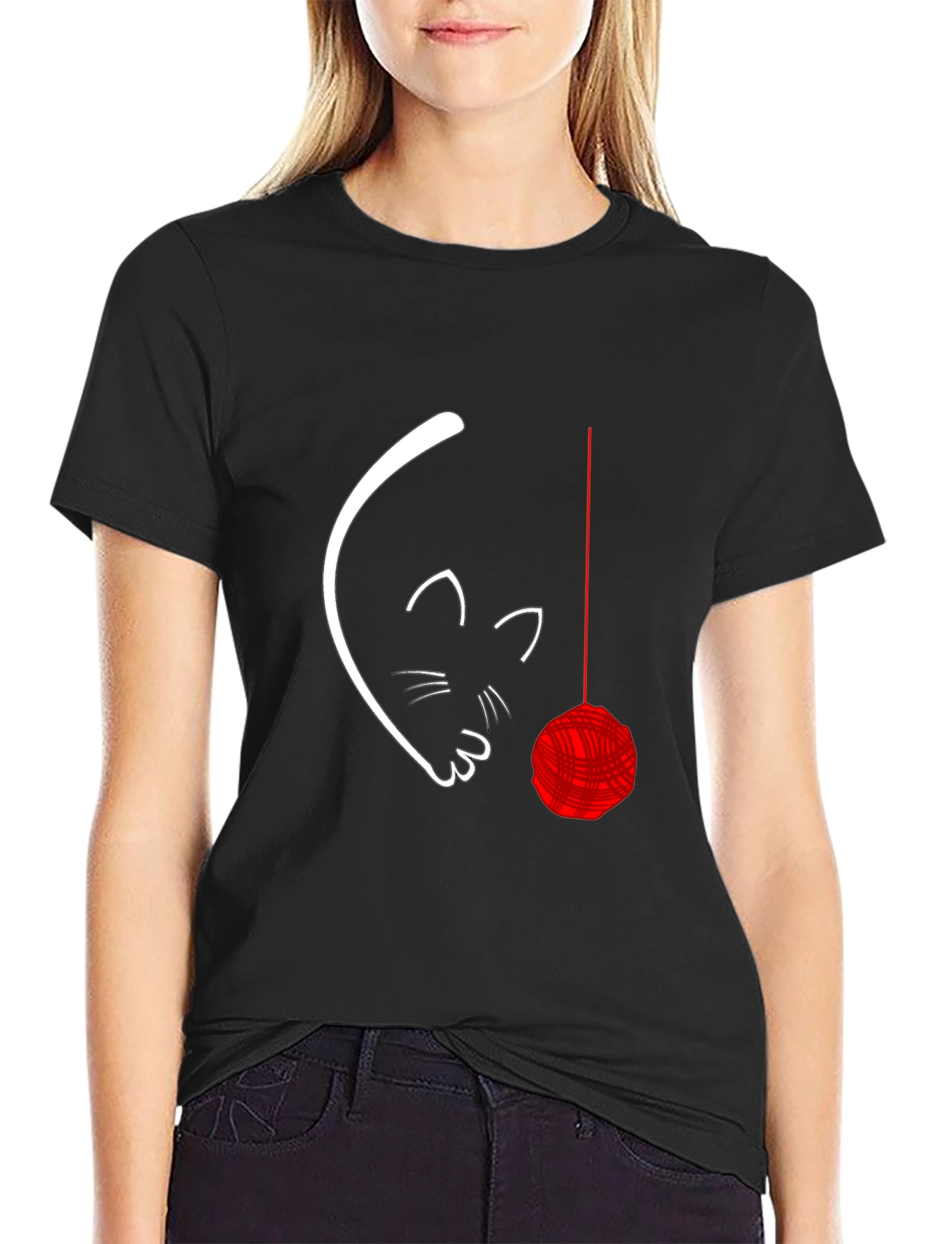 Cute Cat with Yarn Ball Graphic Tee - Black
